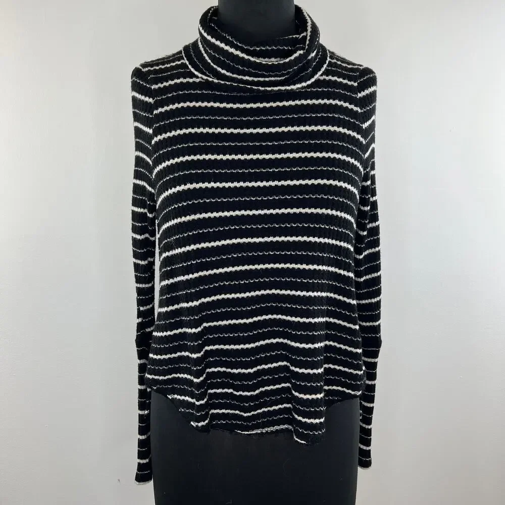 We The Free People Black White Striped Drippy Thermal Cowl Neck Top Size XS